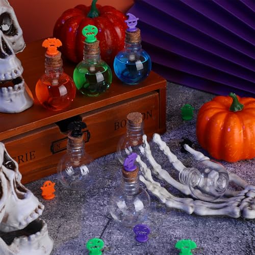 Mini Halloween Potion Bottle Set - 36 Spherical Plastic Decor Jars with Corks - Spooky Party Favors