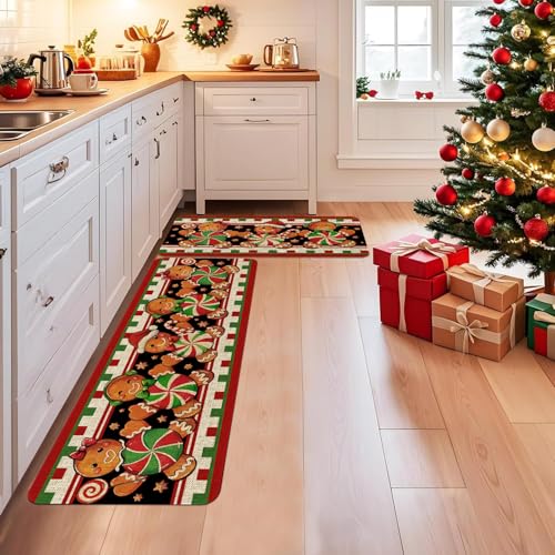Gingerbread Christmas Kitchen Rugs Set - Floor Mat & Runner for Holiday Decor