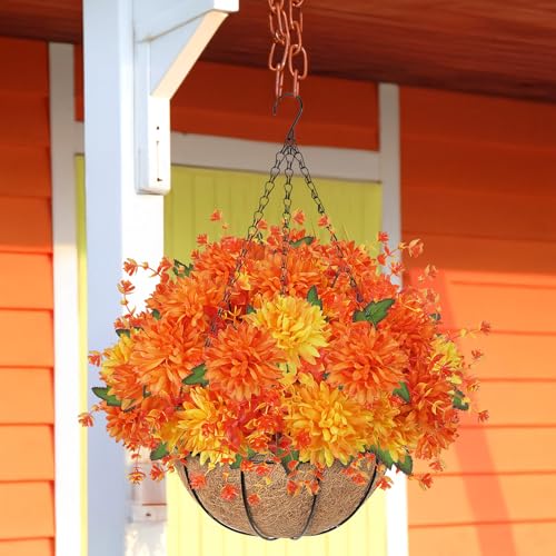Orange Fall Hanging Basket with Artificial Mums for Outdoor Porch Decor