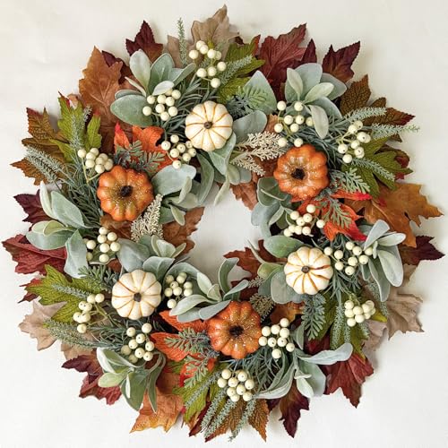 Pumpkin Fall Wreath for Front Door - 20'' Autumn Pumpkin & Maple Leaves - Thanksgiving Harvest Decor - Variation: Pumpkin 20"