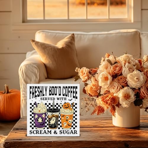 Halloween Ghost Wooden Sign - Spooky Coffee Decor for Home & Cafe 5x5 Inches