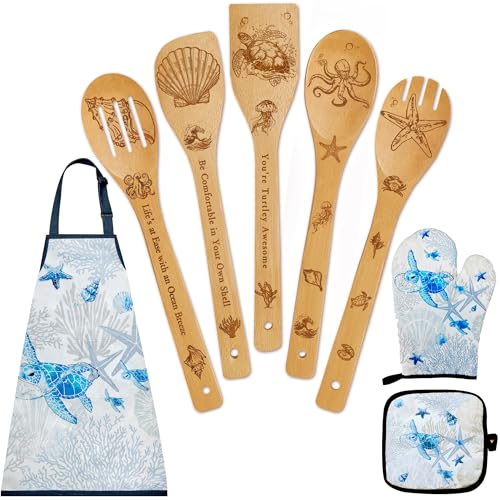 Ocean Bamboo Kitchen Utensil Set with Apron Oven Mitt & Potholder - Coastal Decor