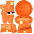 Disposable Orange Plastic Party Plates Set - 50 Count for Thanksgiving Halloween