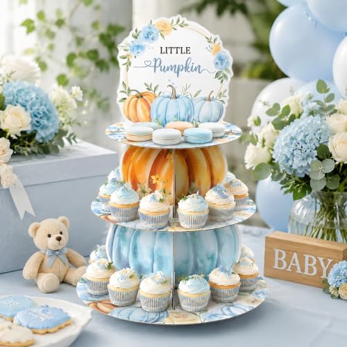 Blue Pumpkin Cupcake Stand 3-Tier Dessert Holder for Fall Parties