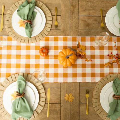 Check Table Runner 14x108 Inches Pumpkin Spice Fringed Cotton Farmhouse Style