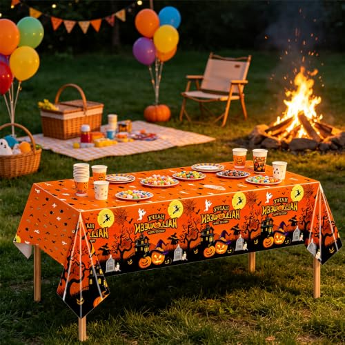 Halloween Pumpkins Party Plates Set 81pcs Orange & Black with Tablecloth & Utensils