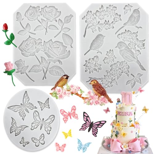 Silicone Fondant Mold 3 Pack - Rose, Bird & Butterfly Stems for Cake Decoration