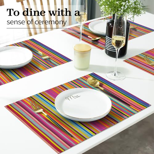 Rainbow Set of 4 Faux Linen Placemats - 12x18 Inch Dining Table Mats
