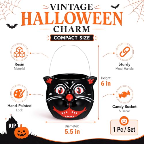 Halloween Black Cat Bucket Vase - Vintage Resin Trick or Treat Basket - Black & White