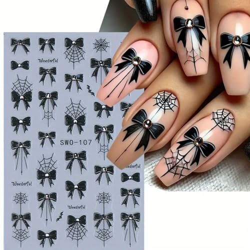 Halloween Nail Art Stickers Decals 2 Sheets C8 Spider Web & Bow Pattern - Black 5D Embossed Tips Decoration