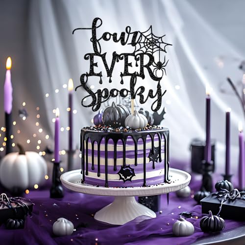 Halloween Spooky Cake Topper - Black Glitter 4th Birthday Decoration