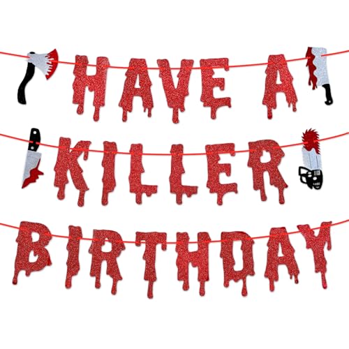 Halloween Birthday Banner with Red Glitter Dripping Blood Design - Spooky Wall Decor