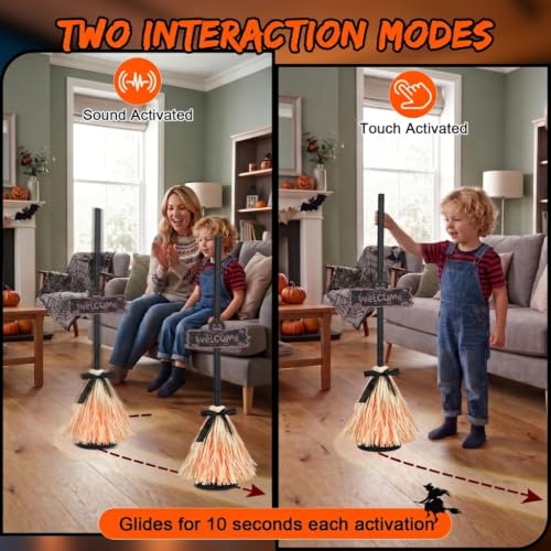 Animated Halloween Moving Witches Broomstick Decor - Spooky Sound & Red Light, Indoor 39"
