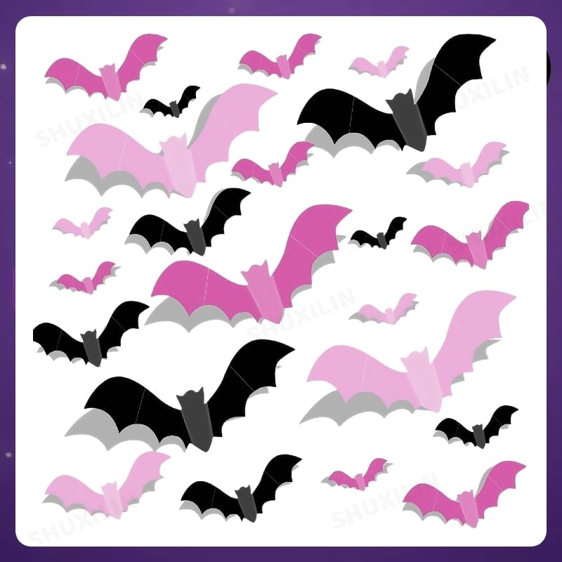 Halloween 3D Bat Wall Decals Set - Removable Pink & Black Bat Stickers for Indoor & Outdoor Decor - Variation: Bat