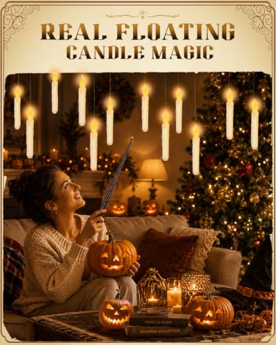 Yellow Flameless Floating Candles with Wand Remote - 12 Pcs Halloween Decor