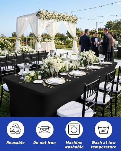 Fixwal 8FT Black Stretch Tablecloth - Fitted Polyester Spandex Cover, Premium Fit for 8 Foot Tables, Variation: Black / 8 Ft / 4