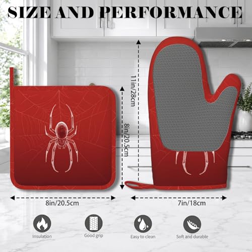 Halloween Spider Web Oven Mitts and Pot Holders Set - Silicone Heat Resistant Kitchen Gloves