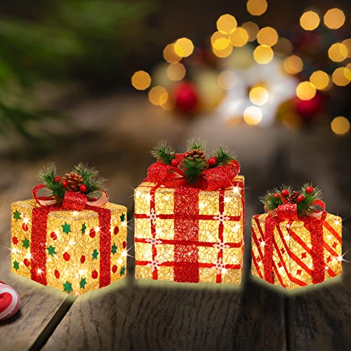 Large 9.5x8x6.5 Inch Lighted Christmas Gift Boxes Set of 3 with 70 LED Flashers