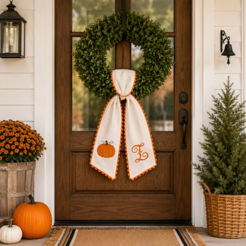 Halloween Pumpkin Wreath Sash - Fall Front Door Decor with Bow - Variation C