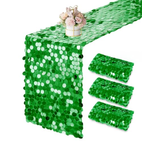Grass Green Sequin Table Runner Set - 3 Pack 12 x 108 Inch Glitter Rectangular Table Decor for Wedding Party Christmas