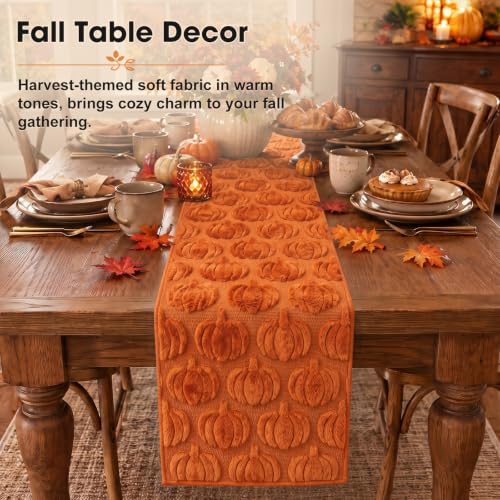 Caramel Fall Table Runner with 3D Pumpkin Decor - 13x72 Inch Autumn Thanksgiving