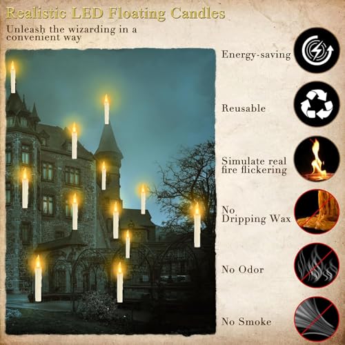 Floating Flameless Candles with Wand Control - Halloween Witch Decor, 12 Pack