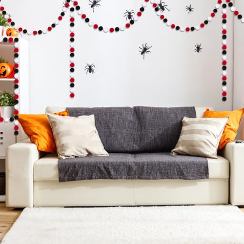 Colorful Felt Ball Garland 2 Pcs - Black White Red Halloween Decor, 8.2ft