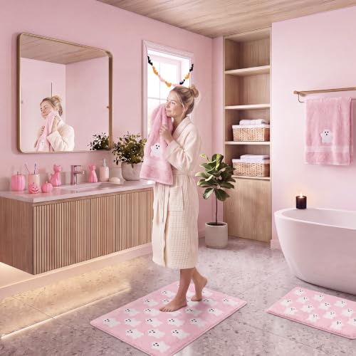 Pink Halloween Ghost Bathroom Rugs and Towels Set - 4 Piece Decor