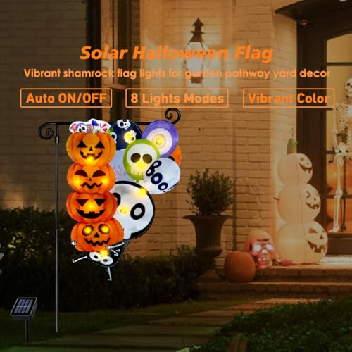 Halloween Solar Lighted Garden Flag Skeleton & Pumpkin Double Sided 12x18 Inch - Ghost Skull Variation