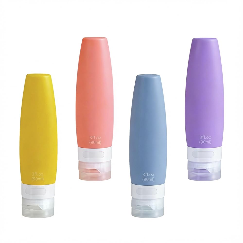 WINDAWNKE 4 PCS Silicone Travel Bottles, 3oz Refillable Toiletries Containers Set, Small Empty Travel Size Bottles for Shampoo, Lotion, Shower Gel (Bright)