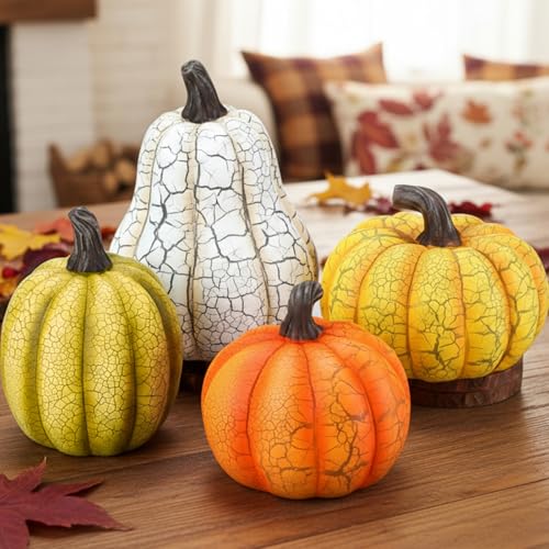 Fall Resin Pumpkin Figurines Set of 4 | Rustic Autumn Tabletop Decor