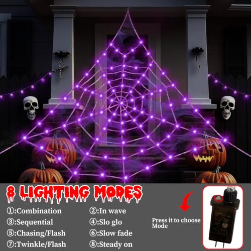 Purple Halloween Spider Web Decorations - 16.4 Ft Giant Yard Web with Lights