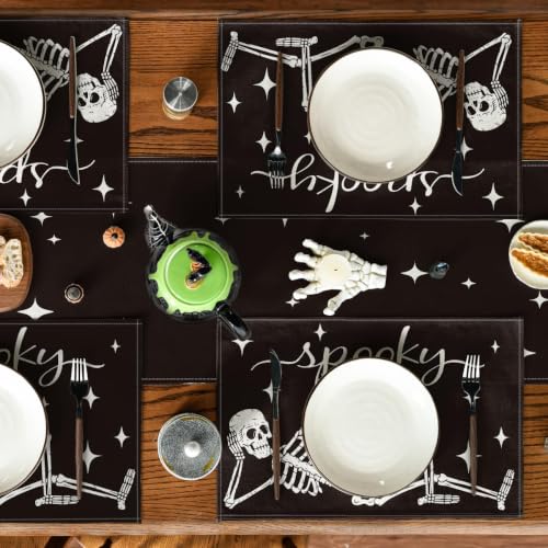 Halloween Skeleton Placemats Set of 4 12x18 Inch Table Mats for Party Dining Decor - Black & Beige