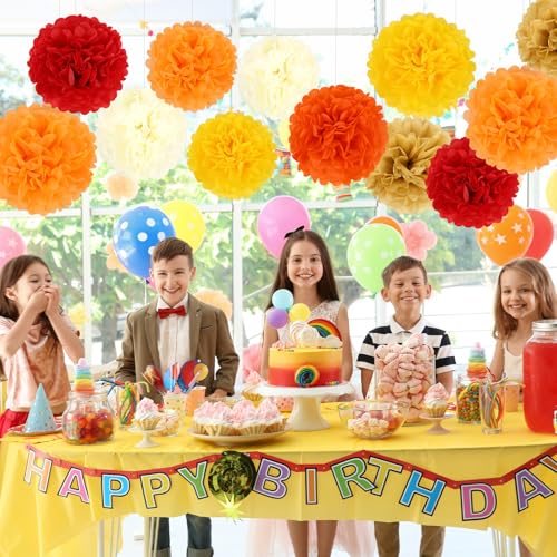 Fall Party Decorations Tissue Paper Flowers & Pompoms - Orange & Red - 16PCS