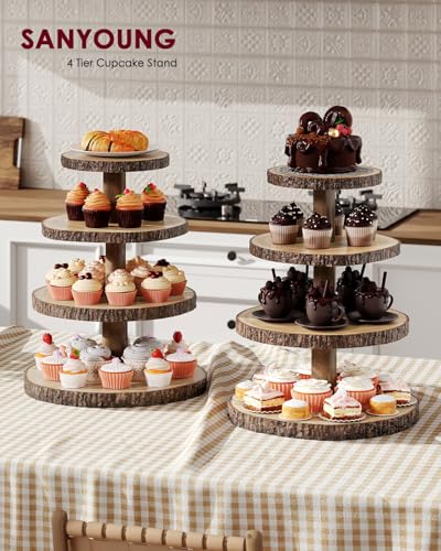 Wood Cupcake Stand 4 Tier Roud Rustic Cake Display Holder for Parties