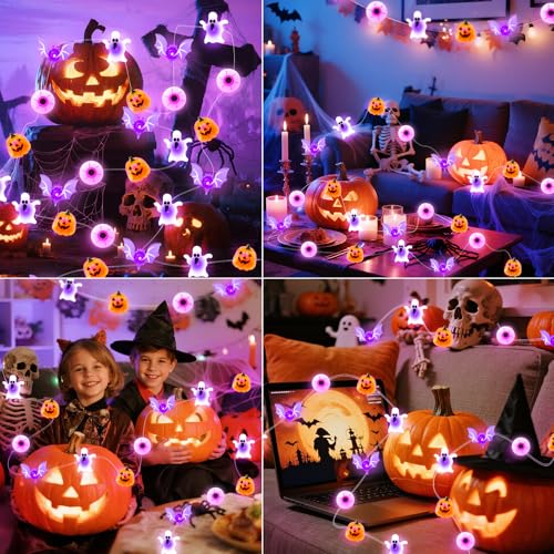 Halloween String Lights 16ft 50LED Pumpkin Bat Eyeball Ghost Waterproof USB & Battery Powered with Remote Control - 2 Pack
