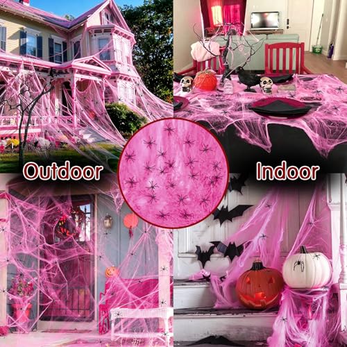Pink Halloween Spider Web Decor with 60 Fake Spiders - 1000 Sq Ft Indoor Outdoor
