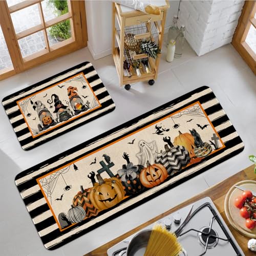 Halloween Kitchen Rug and Mat Set - Gnome Pumpkin Ghost Design, Variation of Halloween-Gnomes