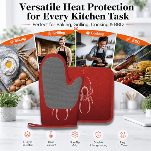 Halloween Spider Web Oven Mitts and Pot Holders Set - Silicone Heat Resistant Kitchen Gloves