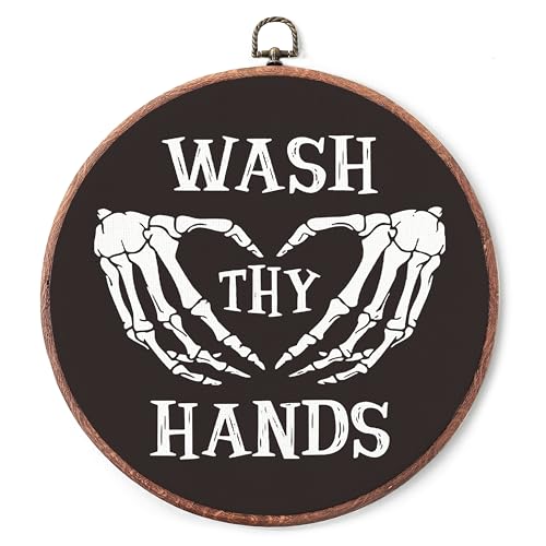 Gothic Round Canvas Wall Art - Wash Hands Skeleton Dark Bathroom Decor