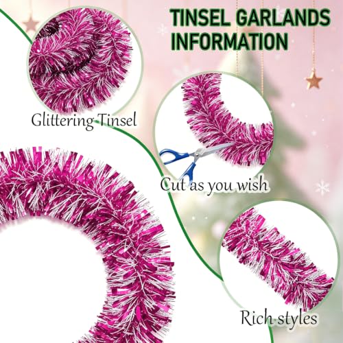 Rose Christmas Tinsel Garland 33 Ft Metallic Foil Decorations for Holiday & Party