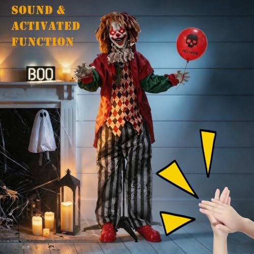 Halloween Animatronic Clown Decor - Life-Size Standing Haunted House Prop with Lighted Eyes & Sound