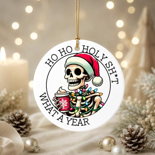 Funny Skeleton Christmas Ornament - Santa Skull Lights Keepsake - Dark Humor Holiday Decor
