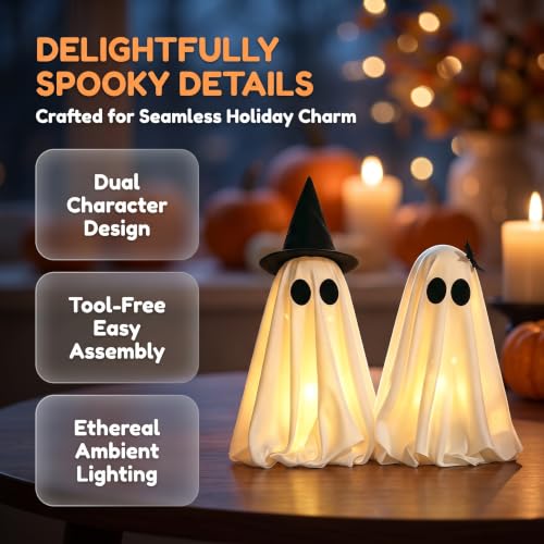 Light-Up Halloween Ghost Decorations Set - Spooky LED Tabletop Ornaments with Bow & Witch Hat, Indoor Mantel Decor, 2 Pack