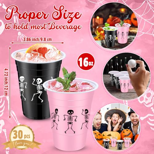 Halloween Skeleton Skull Plastic Cups 16 oz Black Pink Pack of 30 - Skeleton Design