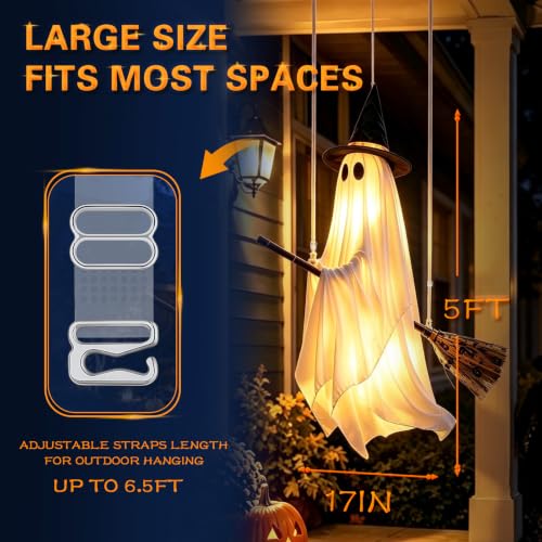 Halloween Ghost Decoration with Witch Hat and Detachable Broom - Outdoor Spooky Yard Decor