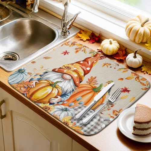 Fall Dish Drying Mat Pumpkin Orange 18x24 Inch | Absorbent Microfiber Kitchen Counter Mat