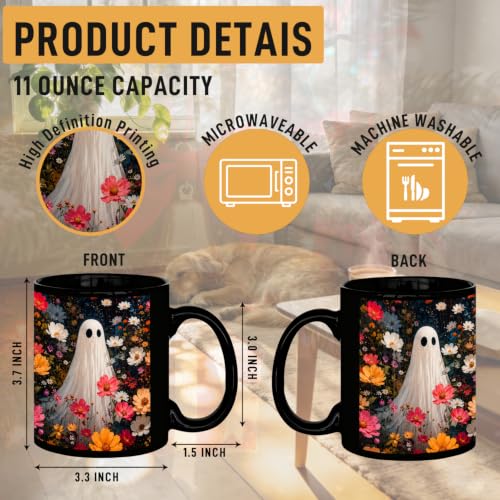 Dark Wildflower Ghost Halloween Mug - Holiday 02, 11oz Ceramic Coffee Cup