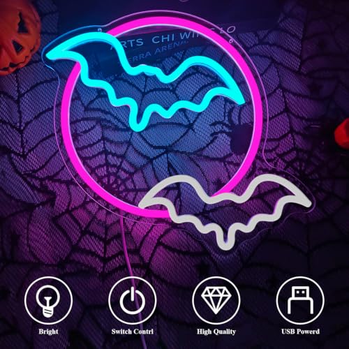Enshanneon Moon Bats Neon Sign - Flashing Bats Halloween LED Wall Light