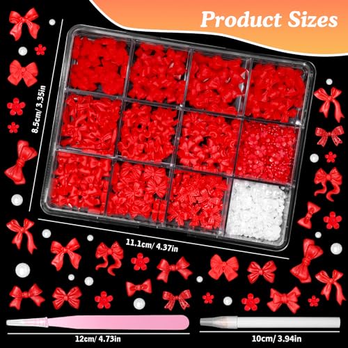 Red Bow Nail Charms Kit - 3D Bow Tie Flowers & Pearls for Acrylic Nails DIY